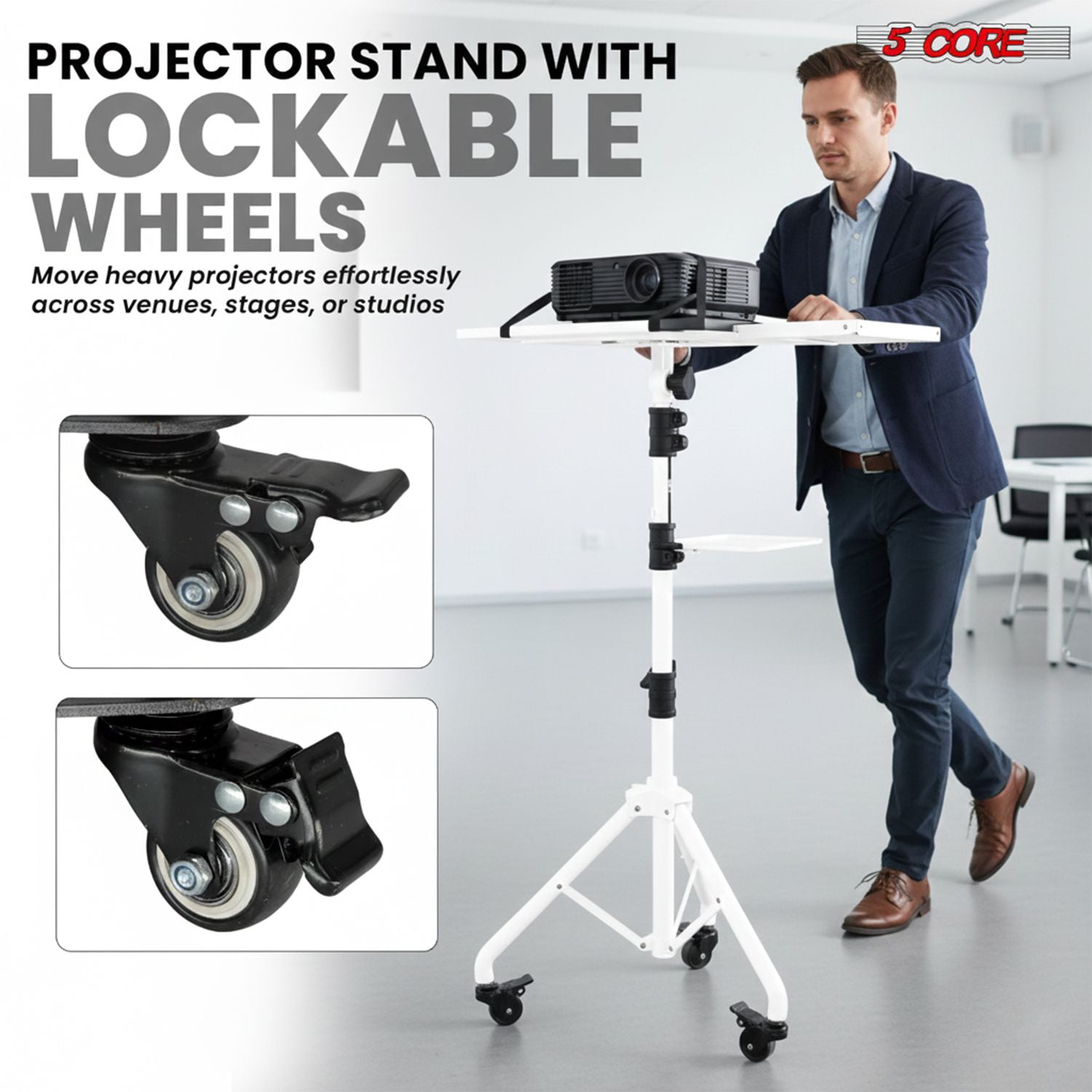 3-in-1 Adjustable Projector Stand with 2 Shelves & Phone Holder, Portable Tripod Laptop Cart, Height 29.5 to 71 Inches, Holds up to 33 lb