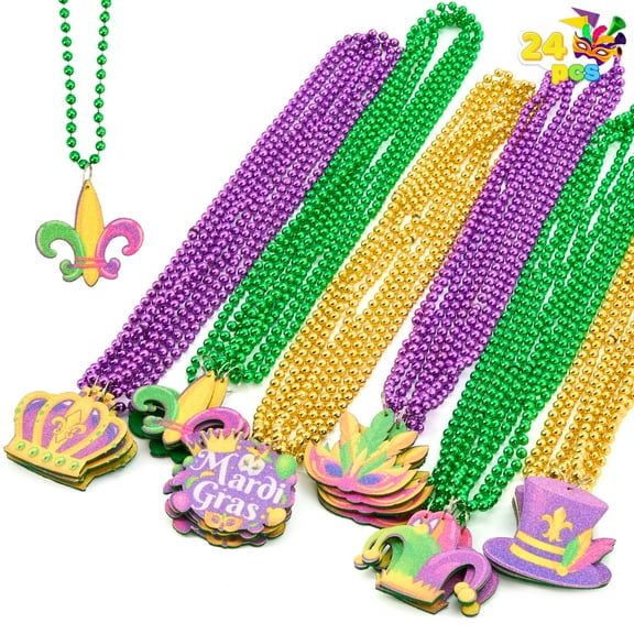 Joyfy 24 Pcs Mardi Gras Bead Necklaces with Pendant, 6 Designs Mardi Gras Necklaces, Dress Up Costumes for Mardi Gras Party Decorations Supplies, Gold Green Purple Beads Necklace