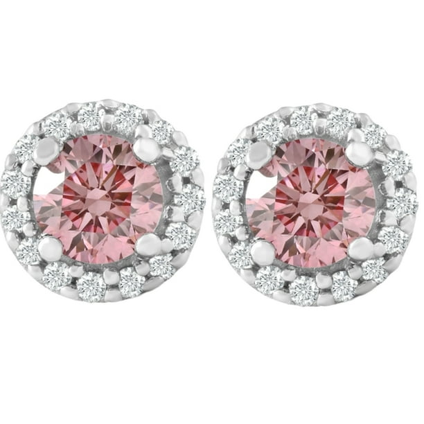 Pompeii3 1/2 Ct Halo Pink Diamond Lab Grown Diamond Studs White Gold