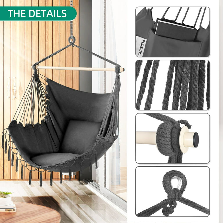 Hammock Chair Hanging Swing 2 Seat Cushions Included, Durable Spreader Bar  Soft Cotton Weave Hanging Chair Side Pocket Large Tassel Chair Set Foot Rest  Support Calf Foot Extra Comfortable -Grey 