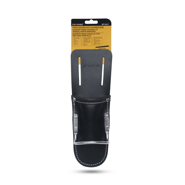 MECHTOOLS Porte-couteaux avec Anneau à Marteau en Cuir Noir Pleine Fleur avec Surpiqûres Blanches, Doté d'Un Anneau à Marteau en Métal et de Boucles Rainurées Convenant aux Courroies de 2 Pouces, Conçu comme Accessoire d'Outil pour le Rangement d'Outils Manuels, Illustré avec un Emballage Jaune et Noir de Marque.