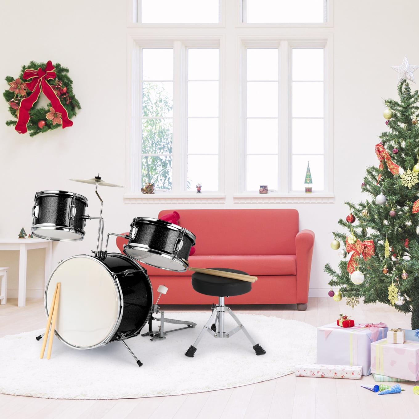 Drum Set 3-Piece for Beginners, 14 Inch Drum Musical Instruments with Adjustable Throne Stool Bass Drum Pedal and 2 Drumsticks, Drum Kit with Cymbal, Tom and Snare Drum,  Black