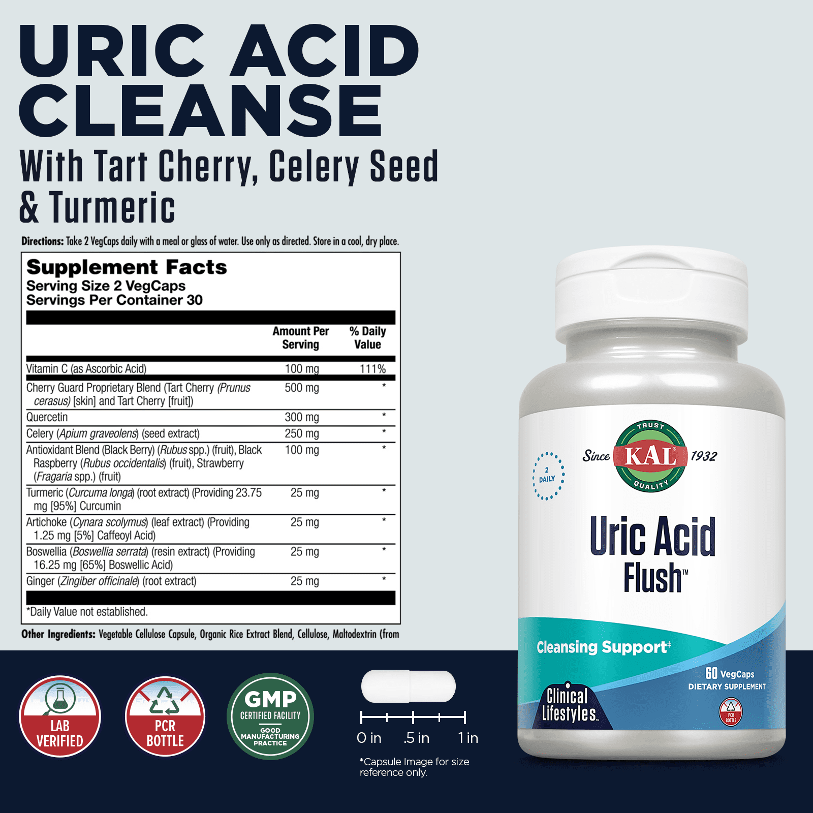 KAL Uric Acid Flush | Tart Cherry Blend, Celery Seed & More for Healthy Joint Comfort Support | 30 Servings | 60 VegCaps