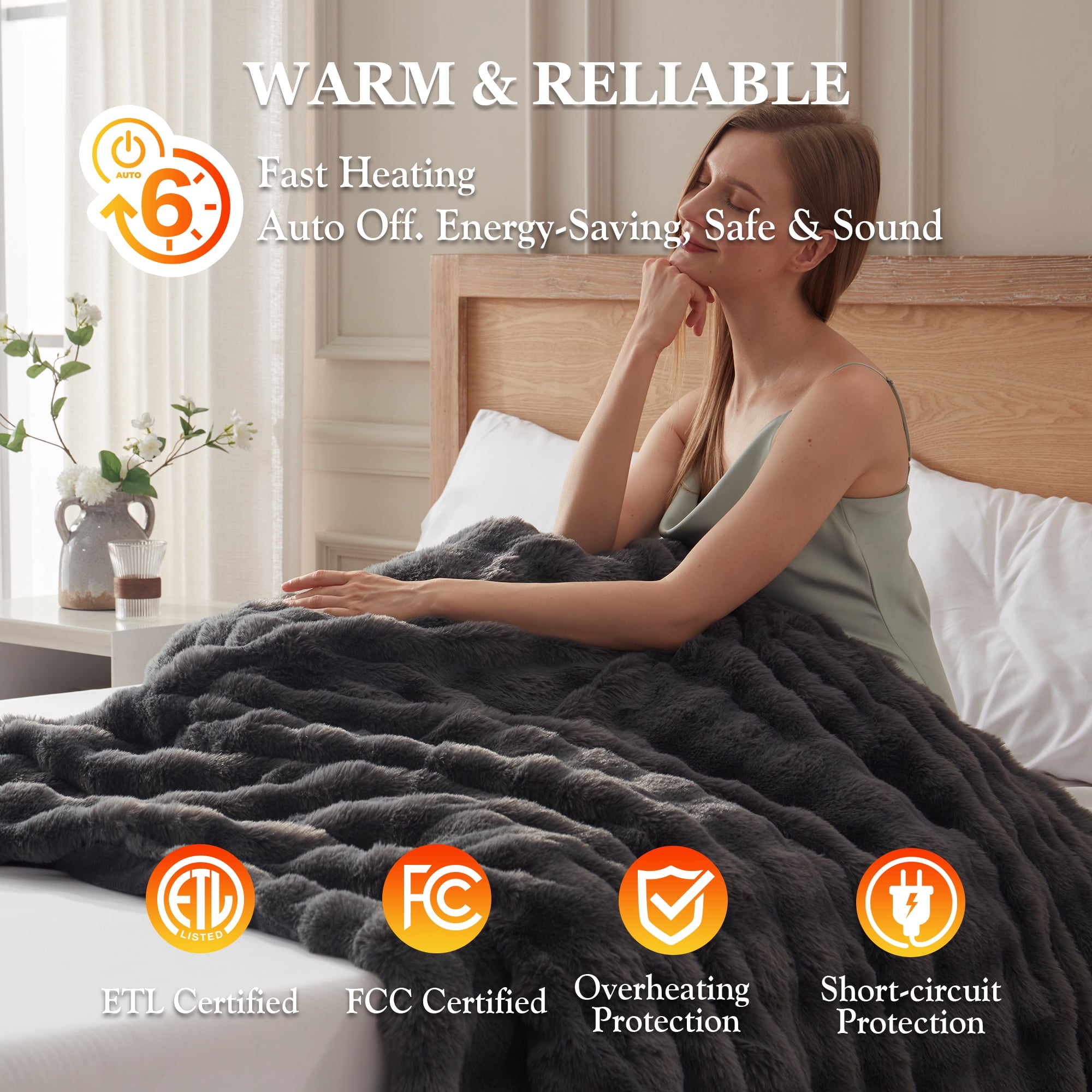 COZY@HOME Heated Blanket,Plush Thick Faux Fur Throw Size 62"x84", Dark Grey, 5-Min Fast Heating 6 Heating Levels & 4 Hours Auto-Off, Machine Washable