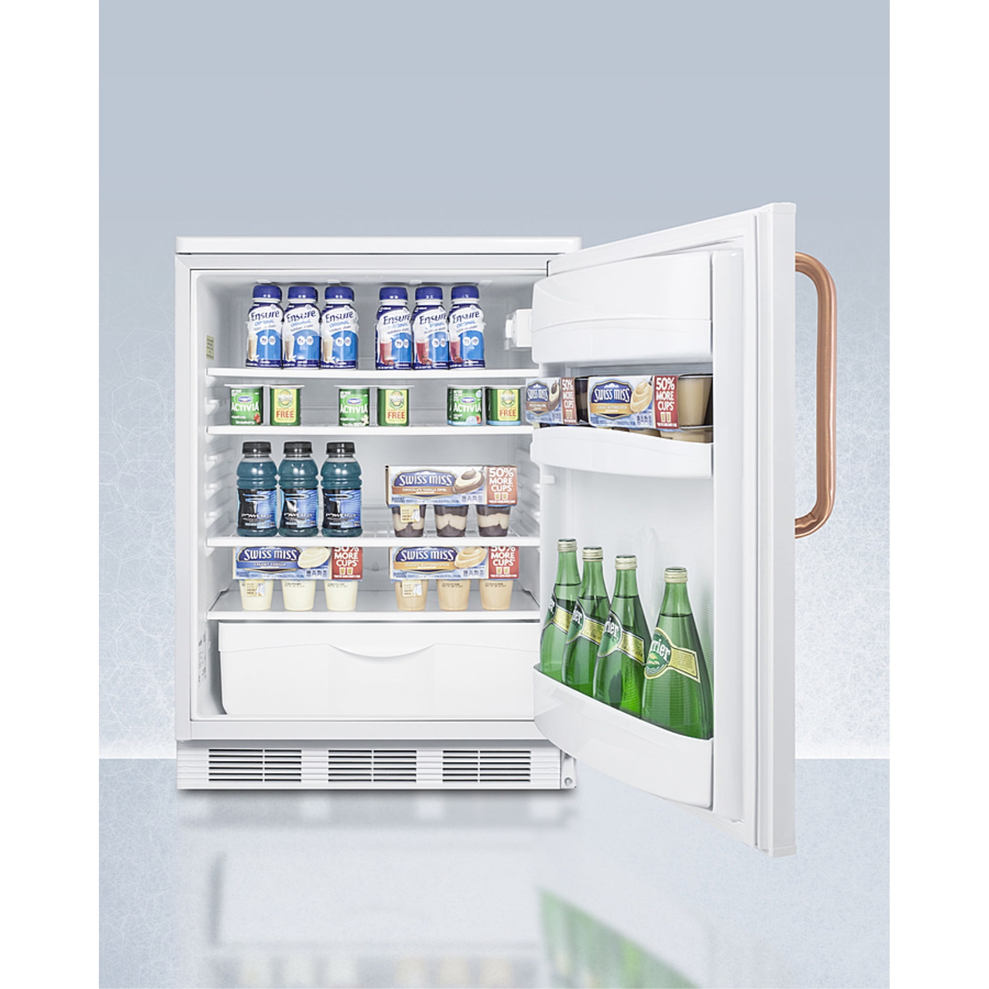 24" wide auto defrost all-refrigerator with lock, digital thermostat, internal fan, door storage, and copper handle