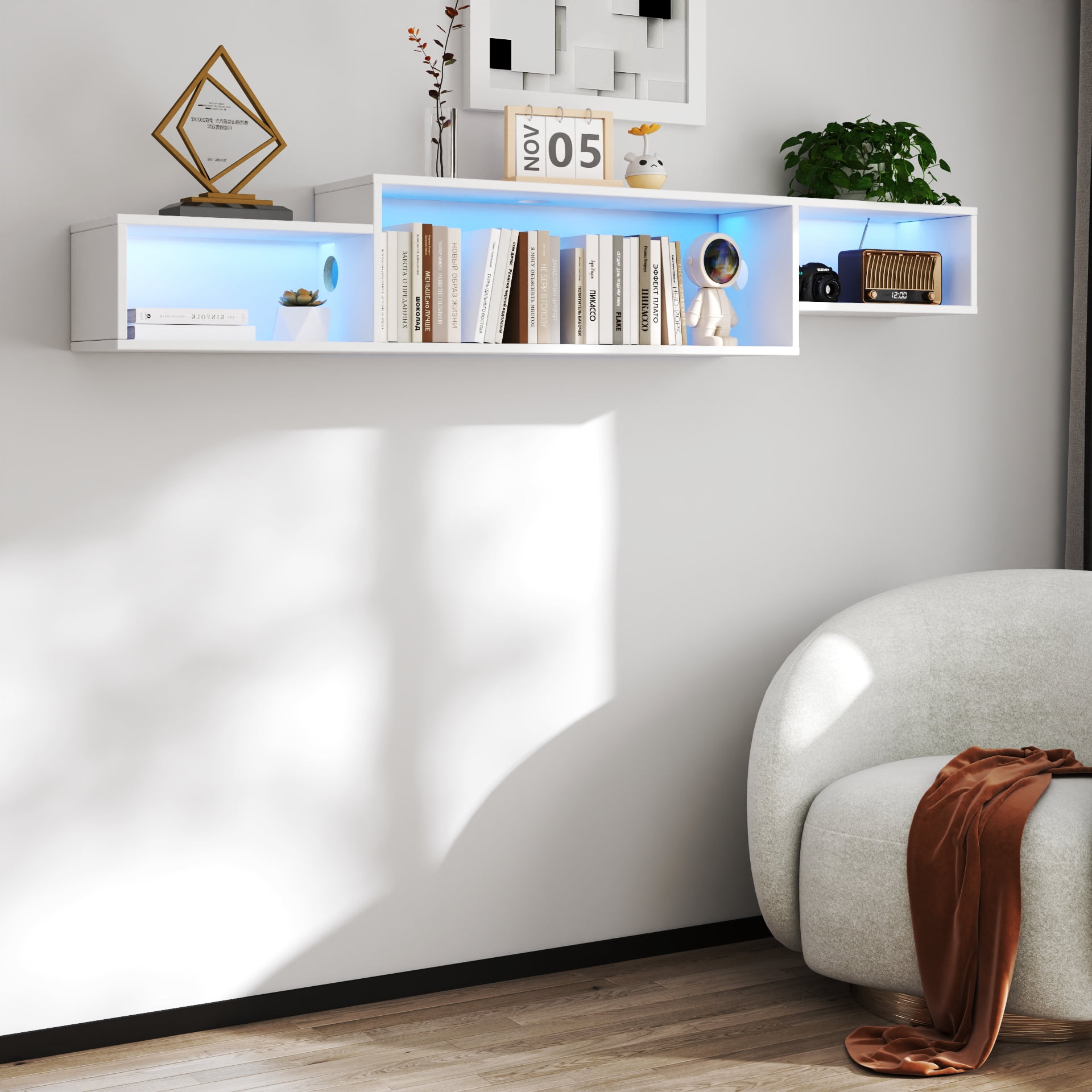 Mintazer Floating Wall Shelf with LED Lights, 3-Section Wall-Mounted Display Shelf, White