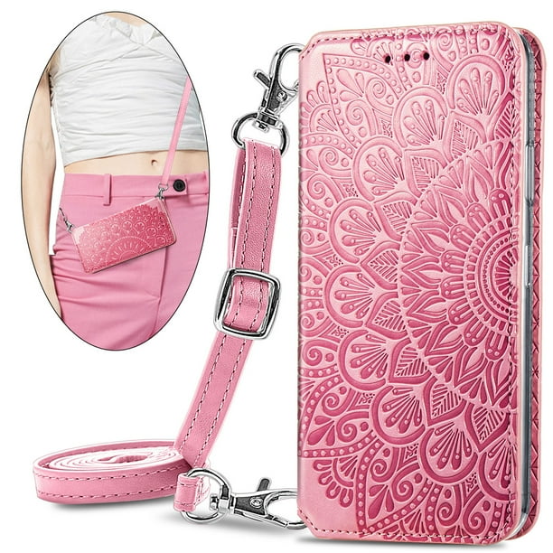 Dteck Crossbody Case for iPhone 12 mini,Embossed Flower PU Leather