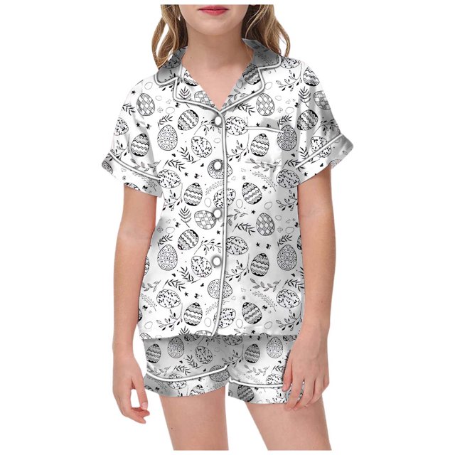 MIASHUI Pyjamas Boutonnés pour Filles de Pâques Ensembles de Pyjamas Peints à la Main pour Enfants, Blanc, 4-5 Ans