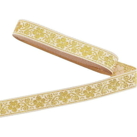 7.66 Yards Gold Jacquard Ribbon 3/4 inch Edge Woven Braid Trim Ethnic Embroidery Jacquard Trim Vintage Flowers Straps Boho Fabric for Sewing Curtain Slipcover DIY Clothing Decoration