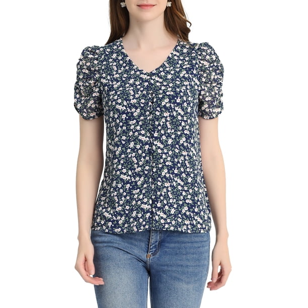 Blusa Floral de Mujer Inspire Chic con Cuello en V, Manga Corta Relajada, Talla M, Azul Marino