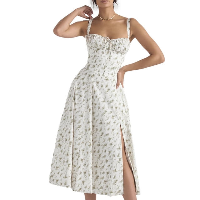 Vestido maxi para mujer, vestido dividido sin espalda con estampado de verano, tela suave, correa de hombro ajustable, M