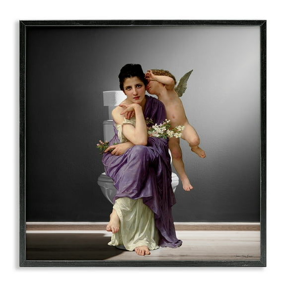 Stupell Industries Vintage Lady & Cherub Bathroom Black Framed Giclee Art design by Seven Trees Design, 12 x 12