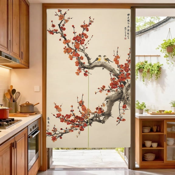 Japanese Noren Door Curtain Chinese Flower and Birds Ink Painting Doorway Curtain Tapestry,33.5 x 59 inch