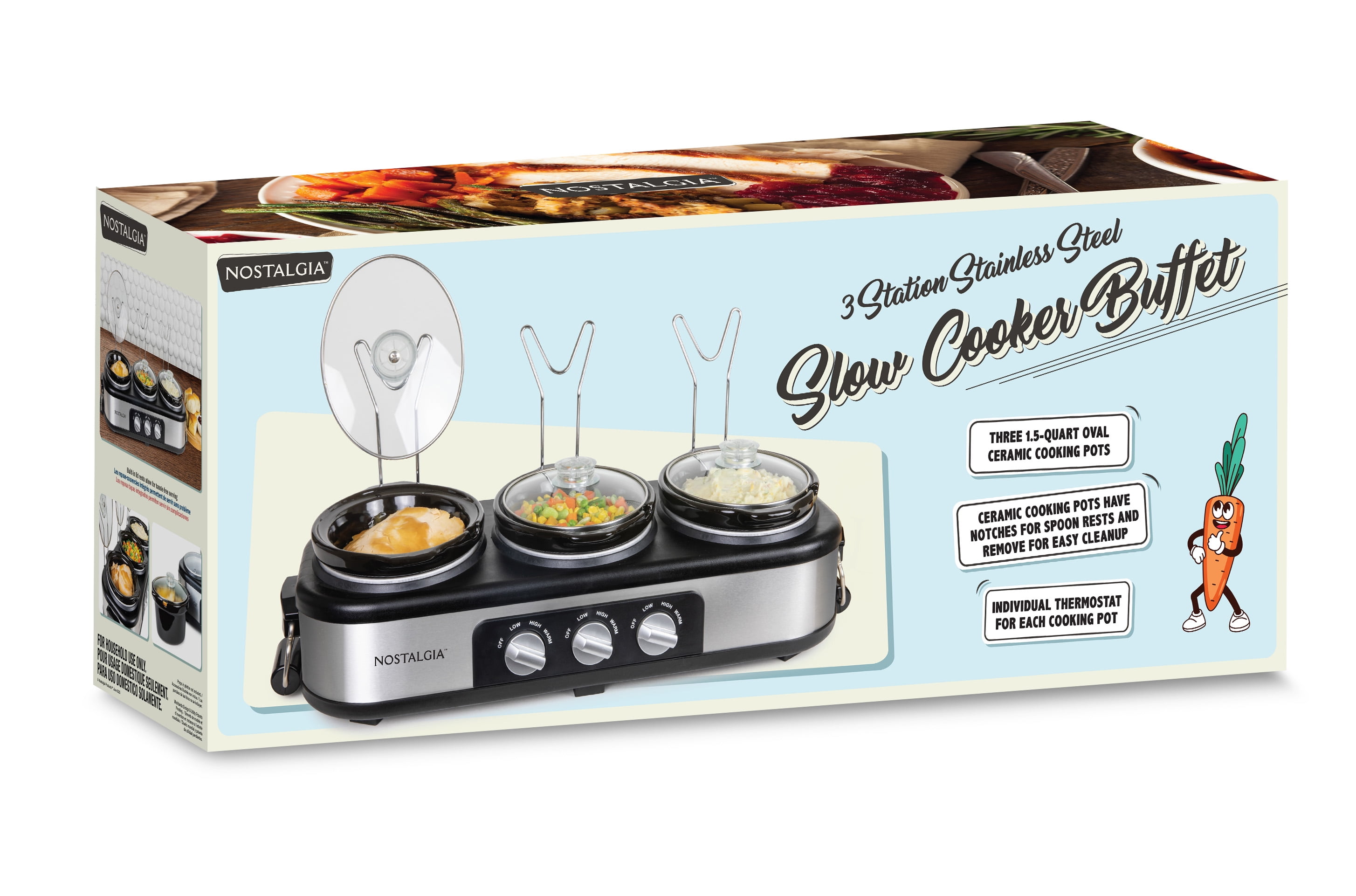 Nostalgia 1.5 qt Triple Slow Cooker, 3 Crock Pot Buffet Server with Removable Ceramic Pots, Stainless Steel