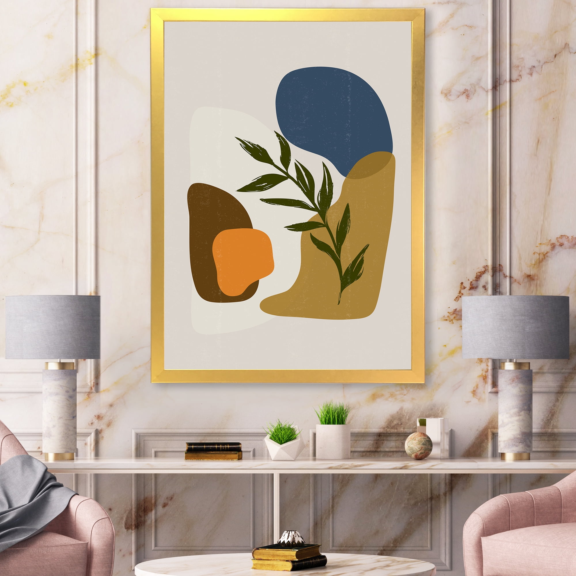 Designart 'Green Leaf With Botanical Minimalist Shapes' Modern Framed Art Print