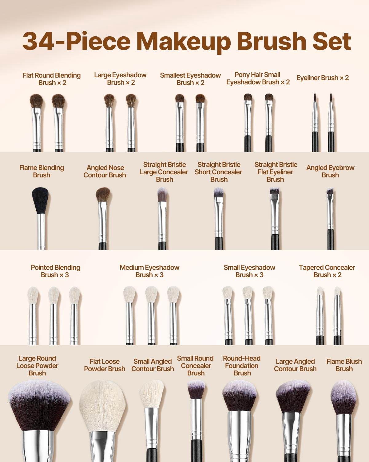 VEVOR 34-Piece Makeup Brush Set, Professional Brushes Kit for Foundation Blending Eyeshadow Concealer Blush - with Soft Bristles, Ergonomic Wood Handle, Travel-Friendly Case Included