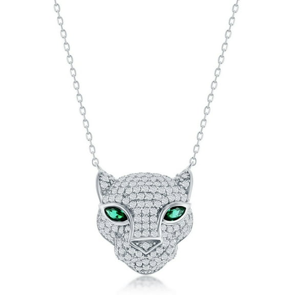 TheJewelryHut Fancy Designer Sterling Silver CZ Panther w/Emerald Eyes Necklace