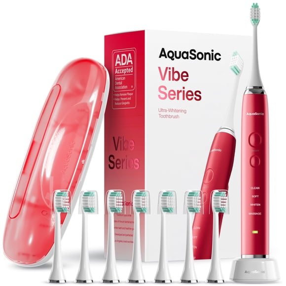 Cepillo de dientes ultrablanqueador Aquasonic Vibe Series - Cepillo de dientes eléctrico aceptado por ADA - 8 cabezales de cepillo y estuche de viaje - Motor de 40,000 VPM y carga inalámbrica - 4 modo