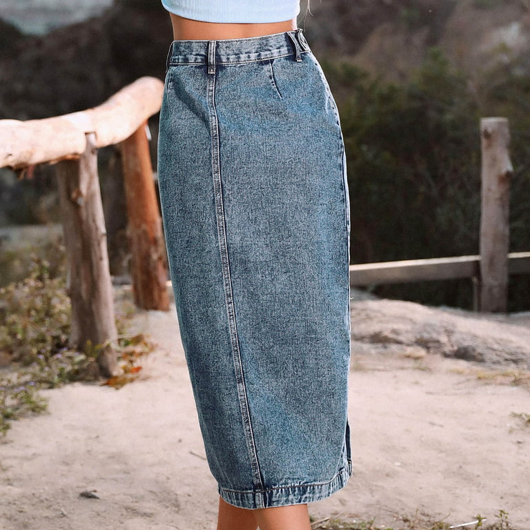Women's High Waisted Jean Skirt Washed Distressed Split Button Up Denim  Midi Skirt Stretchy Casual Long Skirts