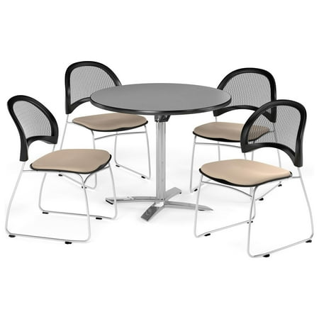 OFM Multi-Use Break Room Package, 36" Round Flip-Top Table with Moon Stack Chairs, Gray Nebula Finish with Black Seats (PKG-BRK-169)