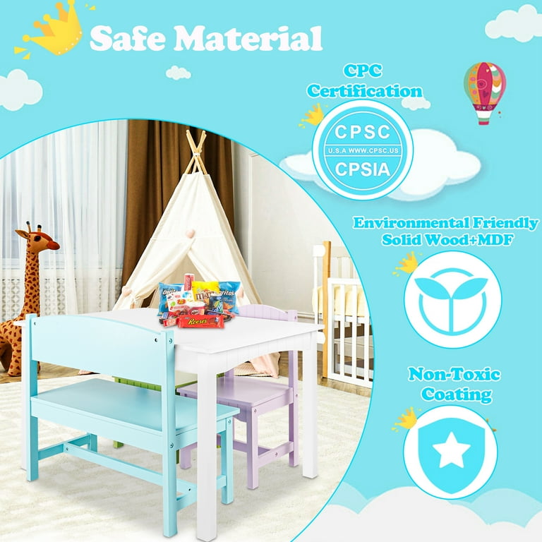 CASEMIOL Kids Table and Chairs Set 4 Piece Wooden Kids Desk and Chair Set Activity Table Set with Colorful Chairs for Toddler Non Toxic Finish