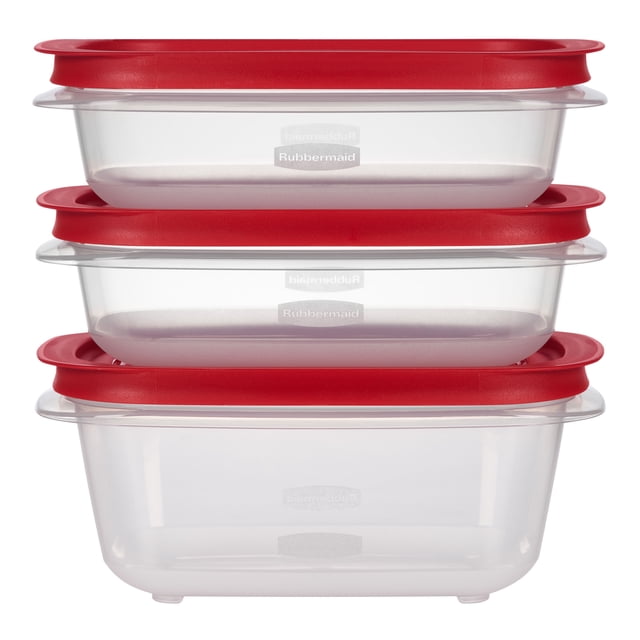Three Rubbermaid EasyStore rectangular food storage containers stacked with red lids, including two 3.57-cup and one 5.26-cup sizes.
