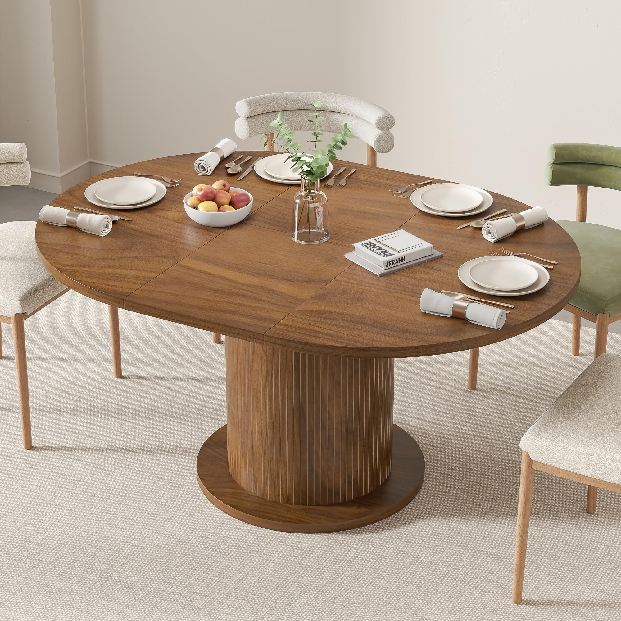 Extendable Wooden Round Dining Table, Modern Farmhouse Kitchen Table for 4-6, Walnut