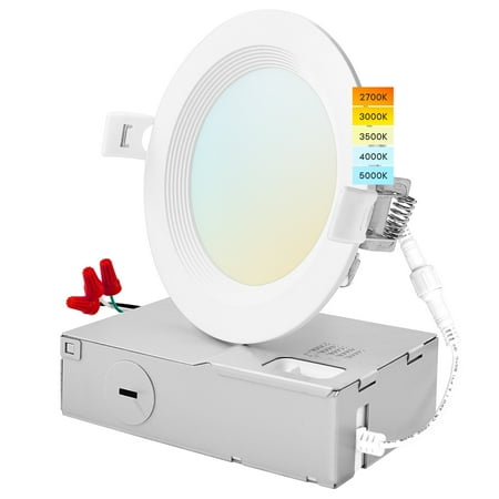 

Luxrite 4 inch Ultra Thin LED Recessed Light J-Box 10.5W 5 Color Options Dimmable 750 Lumens IC Rated Baffle