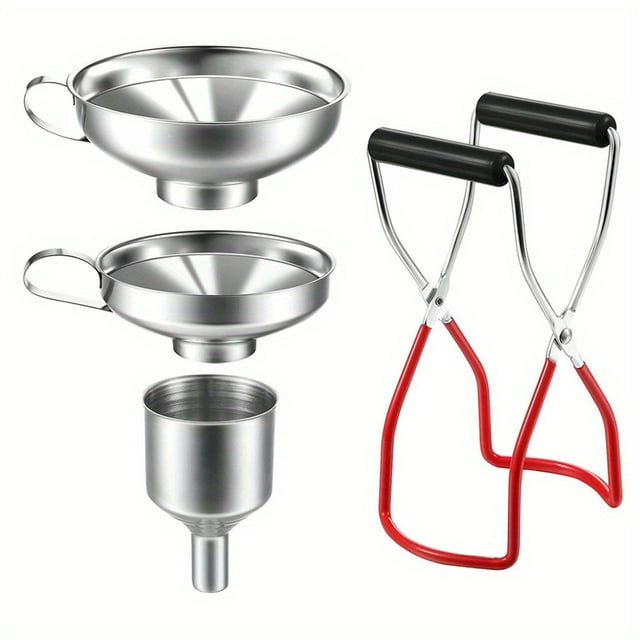 QJUHUNG Ensemble de Bocaux de Mise en Conserve Comprend 3 Entonnoirs de Taille (Grands Petits Mini) et 1 Poignée de Boîte - Accessoire en Acier Inoxydable Durable Multi-Usage pour Versement Facile et Utilisation Sécurisée en Résistante à la Corrosion