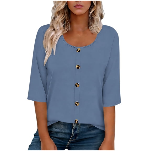 DeHolifer Linen Tops for Women 3/4 Length Sleeve Crewneck Button Down Shirts Dressy Casual Summer Tops Blue L