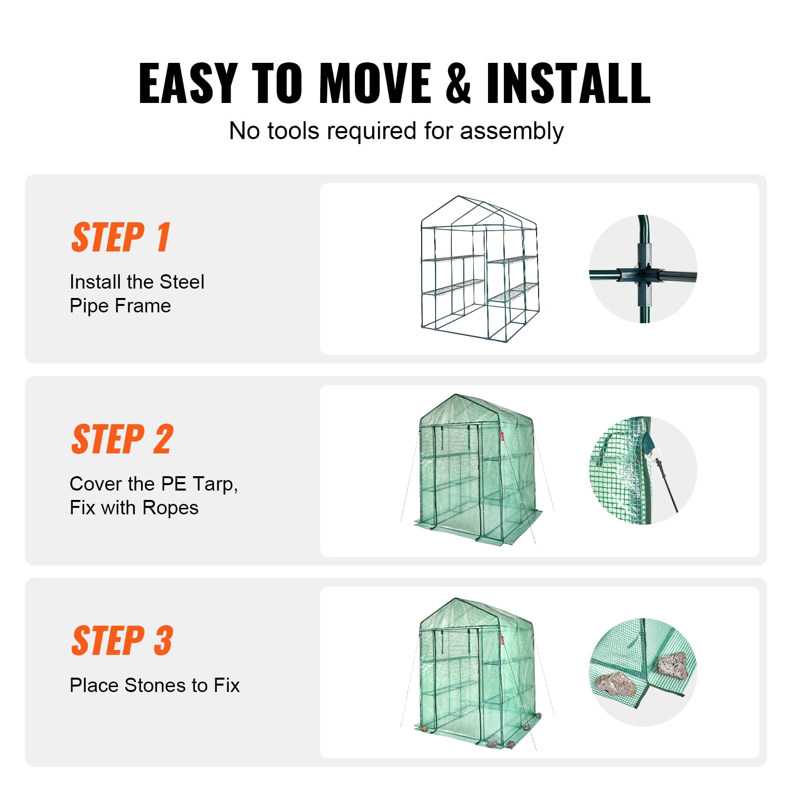 VEVOR Walk-in Green House, 4.6 x 4.6 x 6.6 ft , Greenhouse with Shelves, High Strength PE Cover with Zipper Door and Steel Frame, Assembly in Minutes