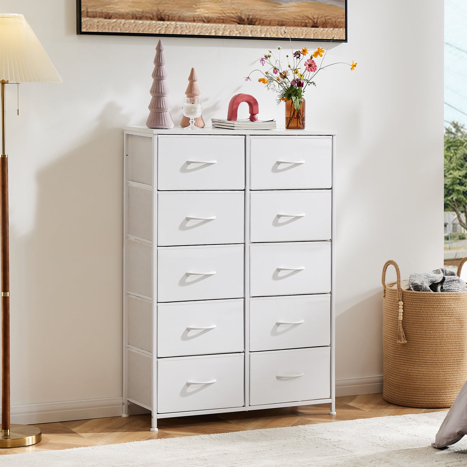 Aukfa 10 Drawer Dresser,Tall Fabric Dresser & Chest of Drawers for Bedroom,Metal Frame,White