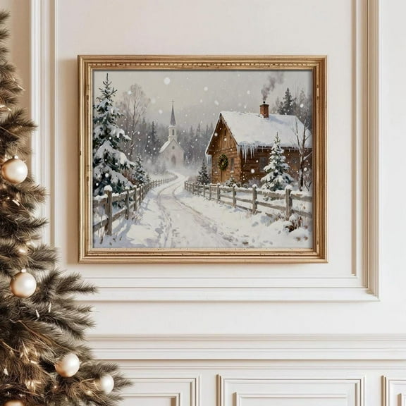 Winter Cabin & Church Snow Scene Art Cozy Winter Holiday Decor Home Decor, 8x12 UNFRAMED