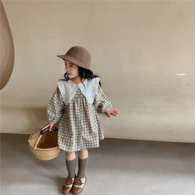 8486 Filles Vêtements Robe Décontractée Automne 2021 Nouveau Coréen Coton Lin Filles Princesse Robe Grand Tour vers le Bas Col Robe à Carreaux