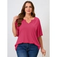 thumbnail image 3 of SHOWMALL Women's Plus Szie Tops V Neck Loose Fit Short Sleeve Rose Red 1X Casual Blouse for Summer Relaxed Style Shirts Everyday Wear Outfit, 3 of 6