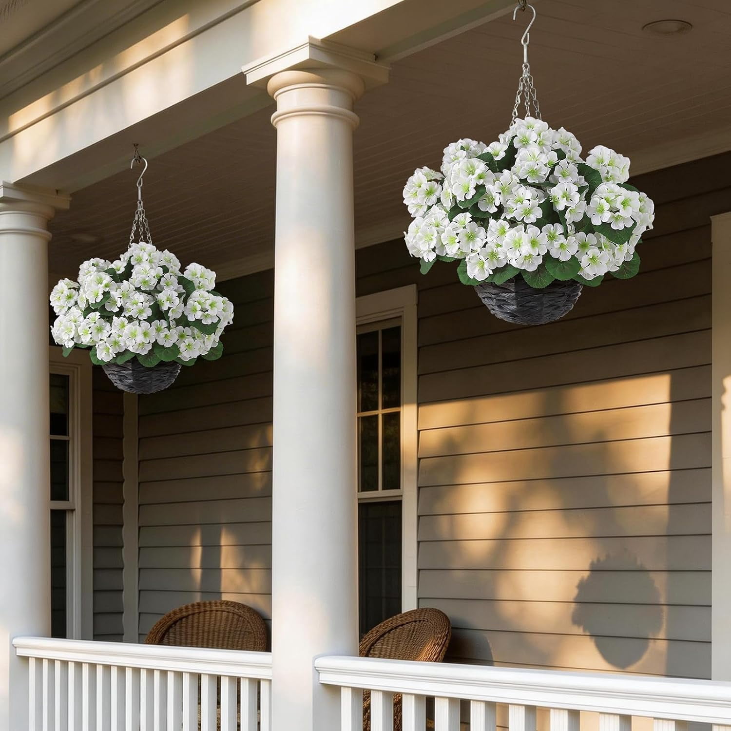 2 Set Artificial Geraniums Flowers with Hanging Baskets for Outdoors - Sun Resistant Silk with Geranium Flowers, Fake Hanging Planters for Front Porch Garden Patio Home Decor (White)