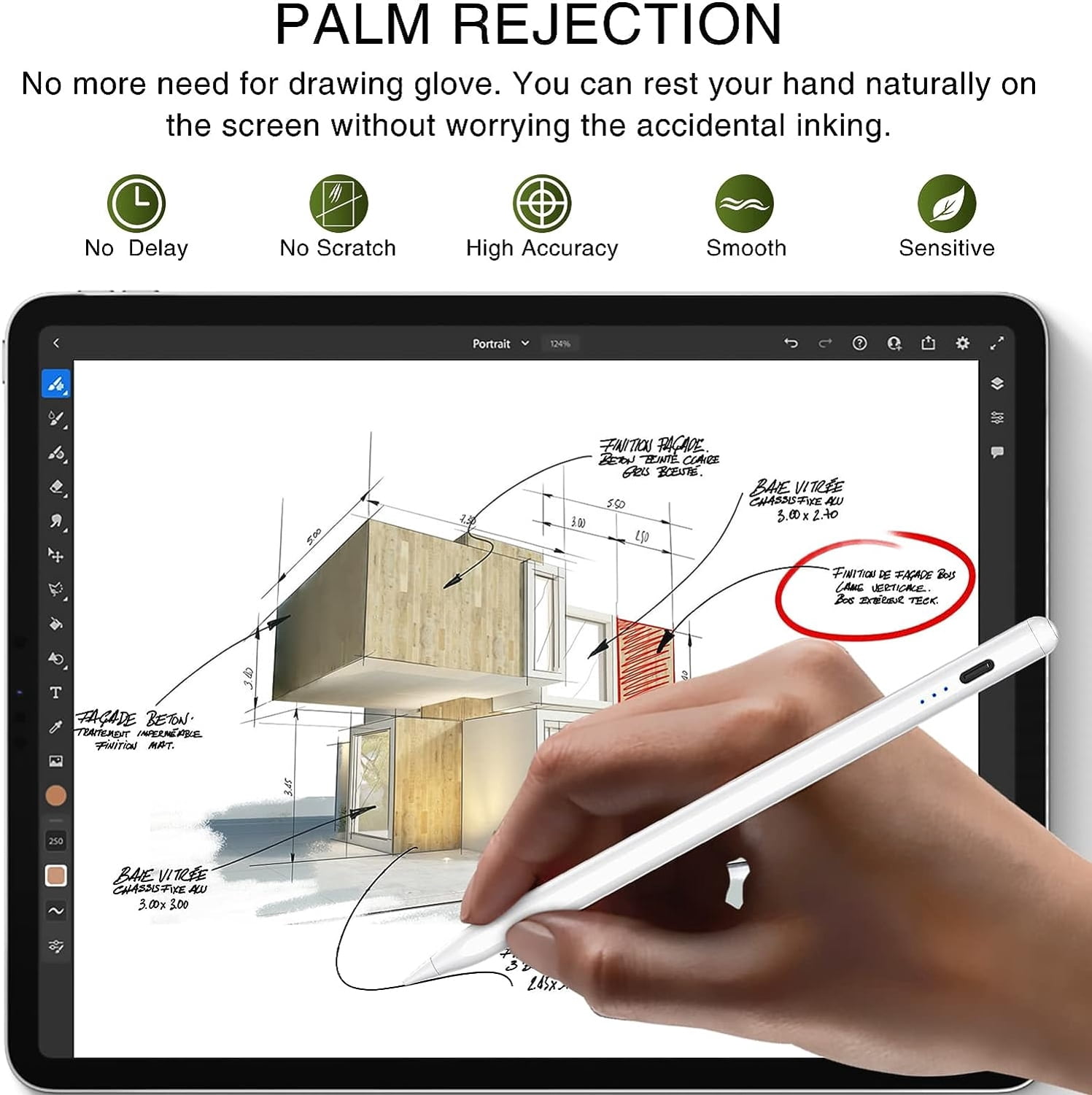 Digital Active Stylus Pen for iPad 10.9" (2022 10th Gen) - Capacitive Touch Rechargeable Palm Rejection