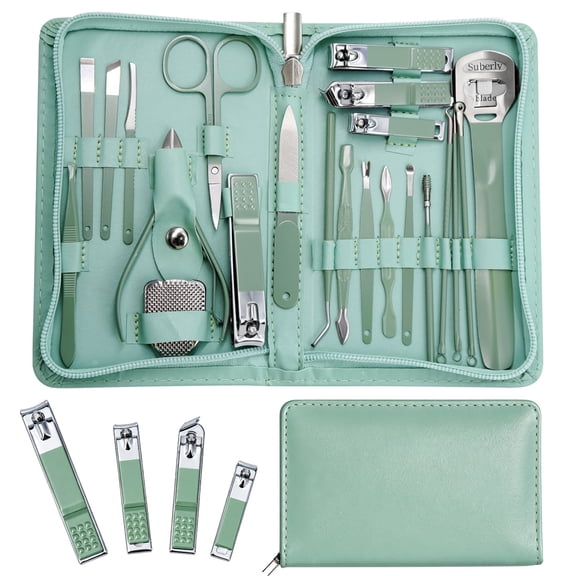 FUNXEE 22 Pieces Manicure Set Stainless Steel Nail Clipper Kit Professional Grooming Tool with Leather Case for Home Travel Men Women(Green)