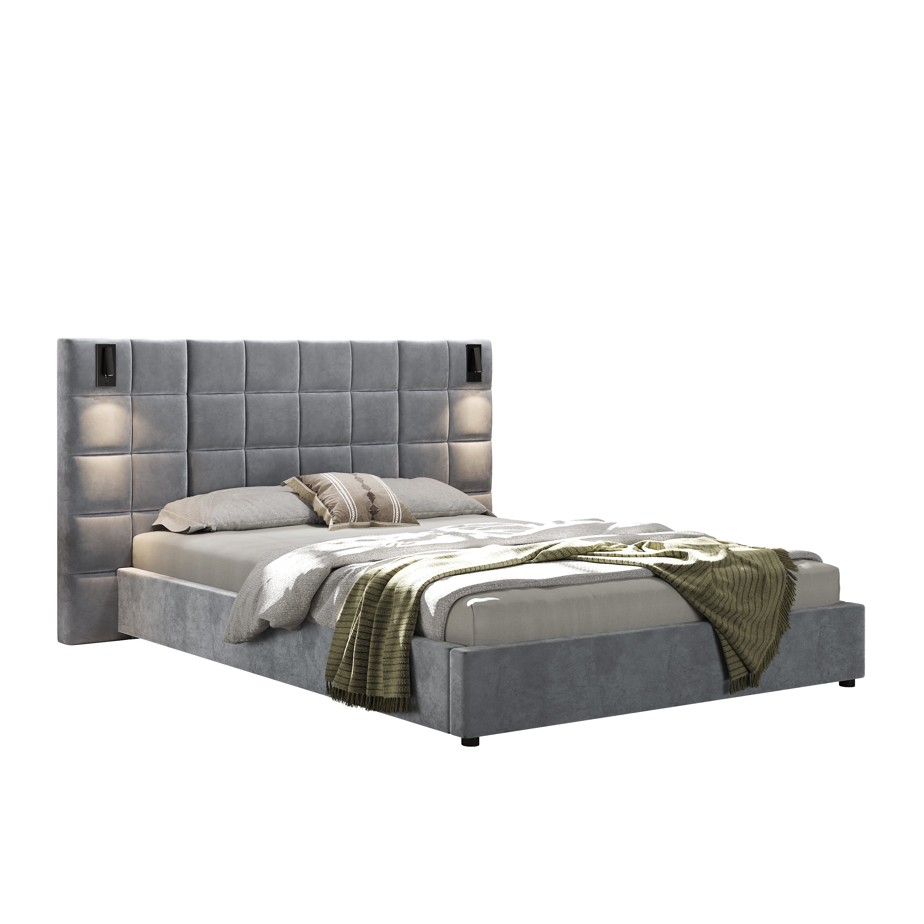 Queen Size Upholstered Bed Frame with Adjustable Wall Sconce & USB Port, Velvet Platform Bed with Wide Padded Headboard for Bedroom, Gray
