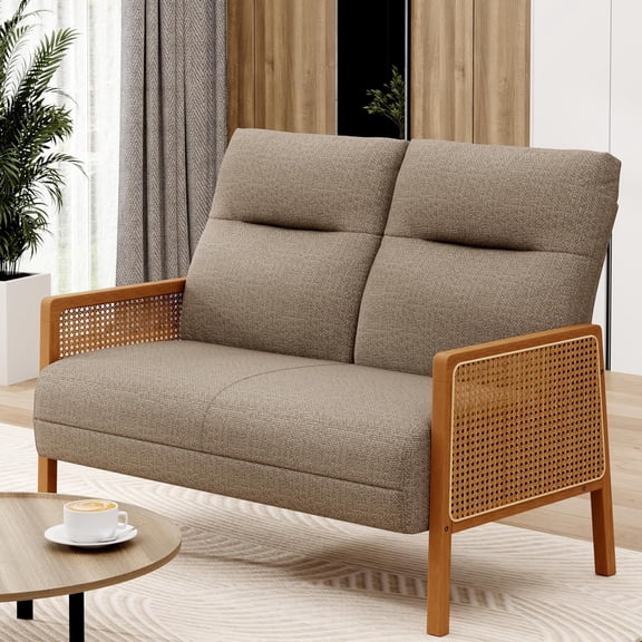 GLZ'HOME 48" Mini Couch Mid Century Small Loveseat with Rattan Arms Upholstered Linen High Back Sofa Couches for Living Room Bedroom Dining Room Taupe