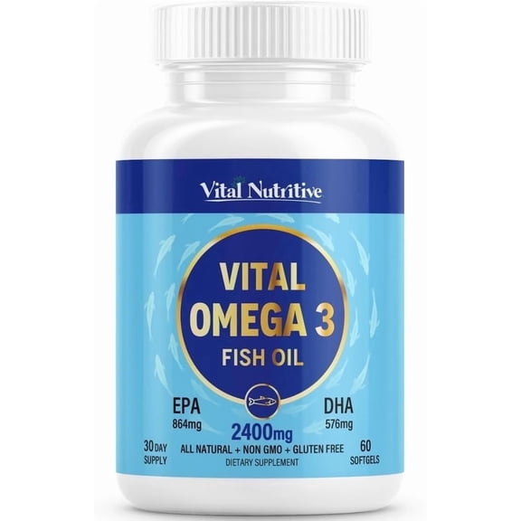 Vital Omega-3 Fish Oil – Daily Supplement for Heart and Brain Support – Non-GMO, Gluten-Free, Sugar-Free – Lemon Flavor – 30-Day Supply