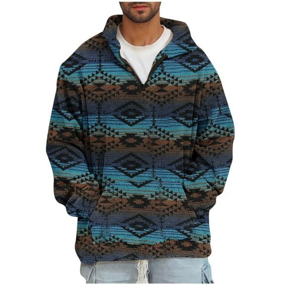 1/4 Zip Pullover Men, Ultra Soft Fleece Sweater Pullover Pocketed Vintage Plaid Printed Western Clothes (XL, Blue)