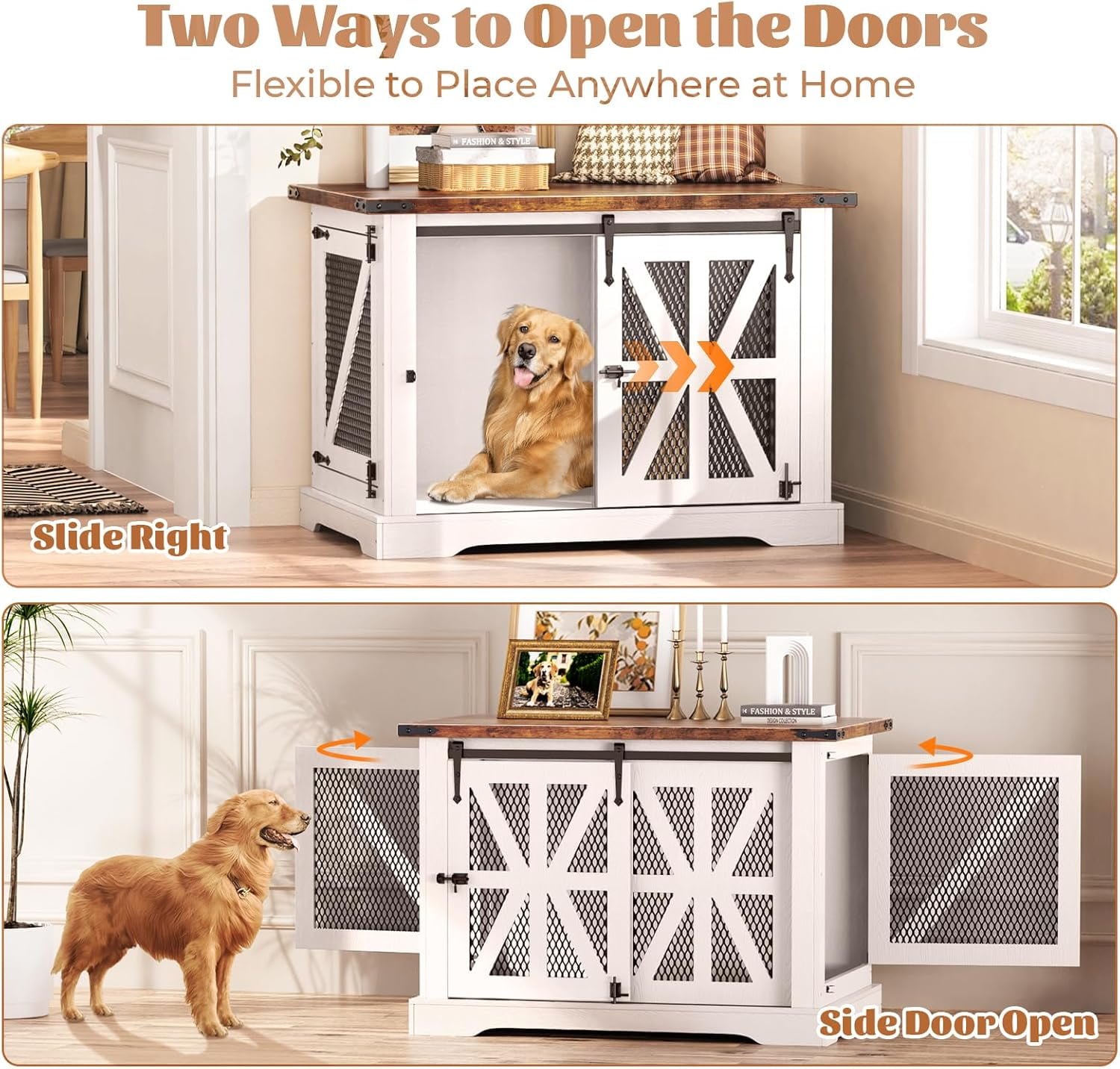 Flycity 39.4''Farmhouse Dog Crate Furniture with Sliding Door, Heavy Duty Dog Crate for Small Medium Dogs, Wooden Dog Kennel Indoor with 3 Doors, Decorative Pet House End Table for Living Room, White