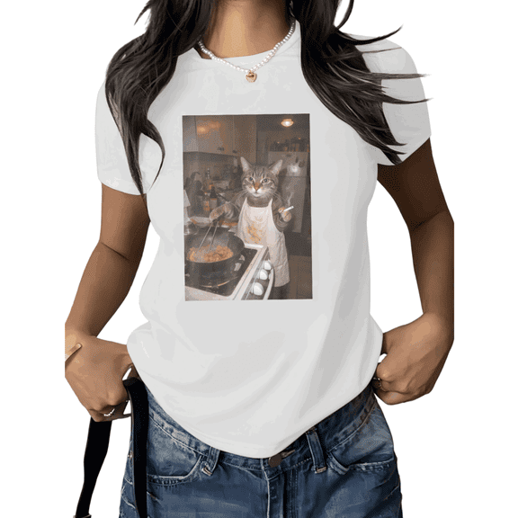 Funny Cat Shirt Print Tshirt Graphic Tees Shirts White Women Cooking Cat Meme Humor Design Casual Summer Soft Cotton Tee Size S-5XL Daily Wear Tops