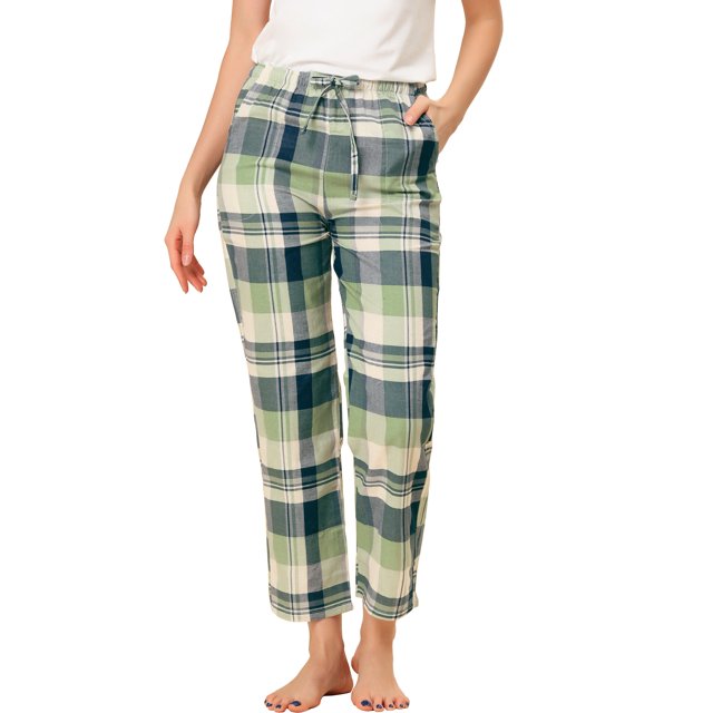 Pantalones A Cuadros Para Mujer, Ropa De Dormir Con Bolsillos, Cordón De Pierna Ancha, Pantalones De Salón Palazzo Verde S