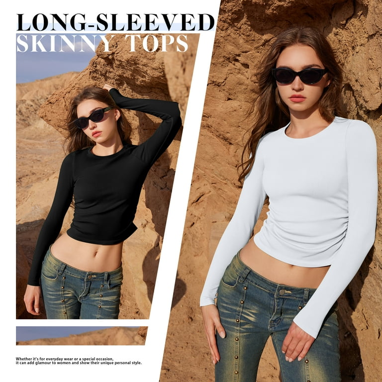 OQQ Women's Shirts Long Sleeve Crew Neck Ruched Stretch OQQ Women's Shirts Long Sleeve Crew Neck Ruched Stretch