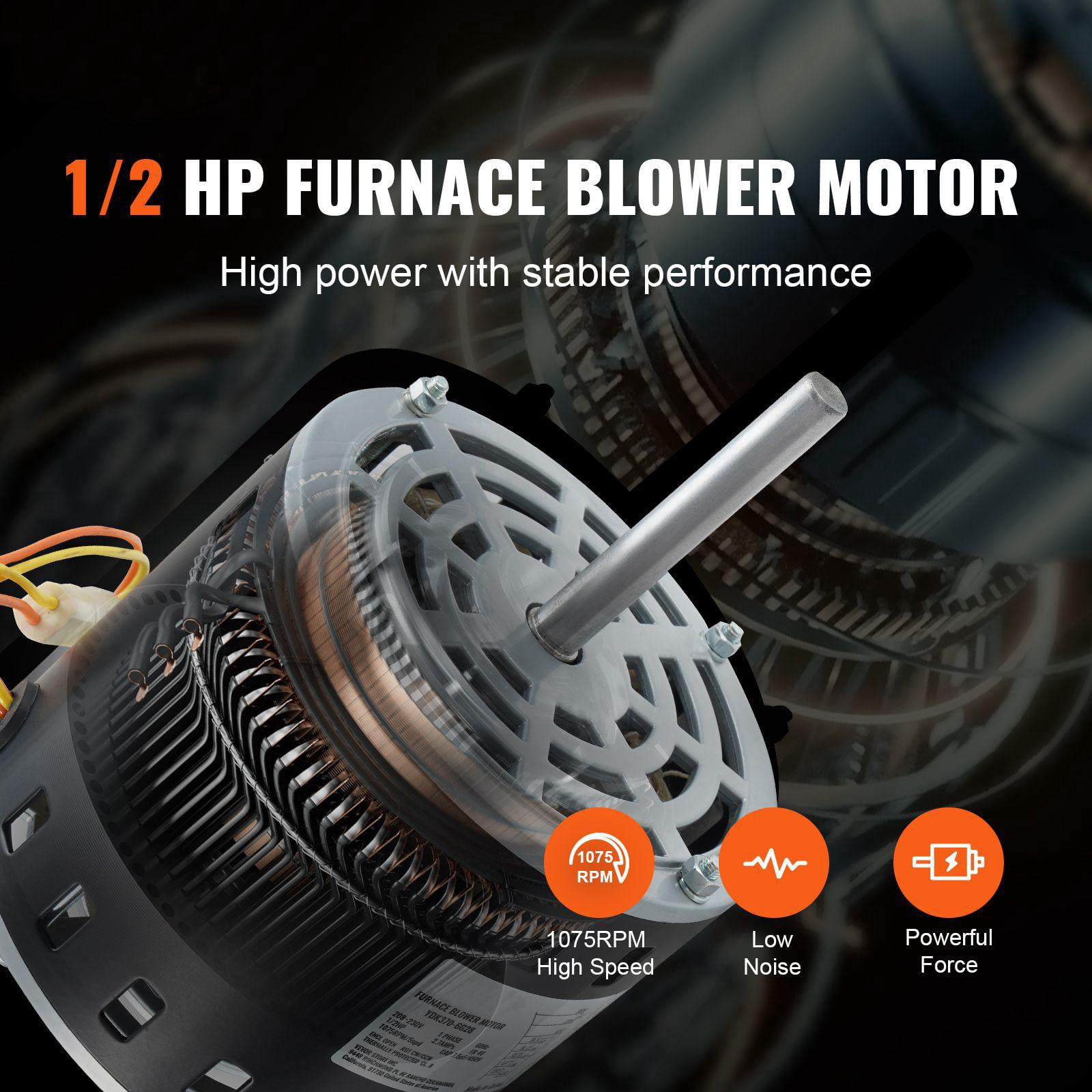 1/2 HP Furnace Blower Motor 208 230 Volts 2.7 Amps 1075 RPM 5 Speed Forward Reverse Rotation 48 Frame 3.4 Inch Shaft 7.5 Microfarad 450 Volt Capacitor with 11 Inch Retaining Ring