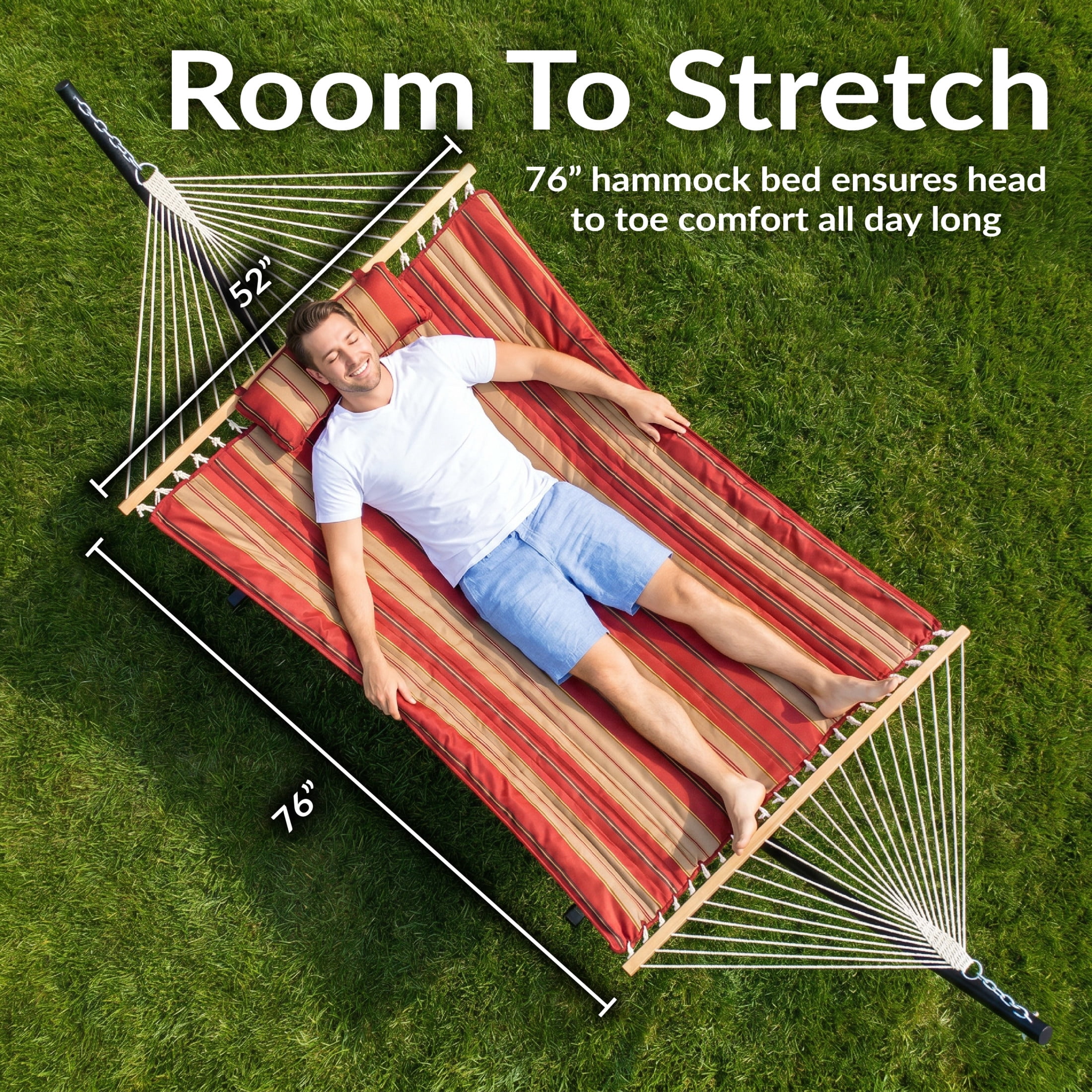 Sunnydaze 2-Person Cotton Rope Spreader Bar Hammock with Stand, 275 lb Capacity - Awning Stripe