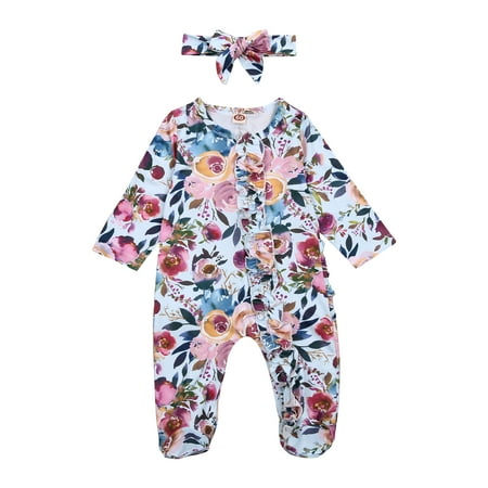 

Meihuida Autumn Newborn Baby Girls Boys Footie Floral Print Long Sleeve Ruffle Jumpsuits