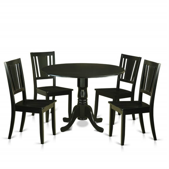 Ergode DLDU5-BLK-W, Round Wooden Dining Table Set, 5-Piece, Asian Wood Construction, Stylish & Supportive, Easy to Transport & Assemble, 42x42 Inch Table, 4 Chairs